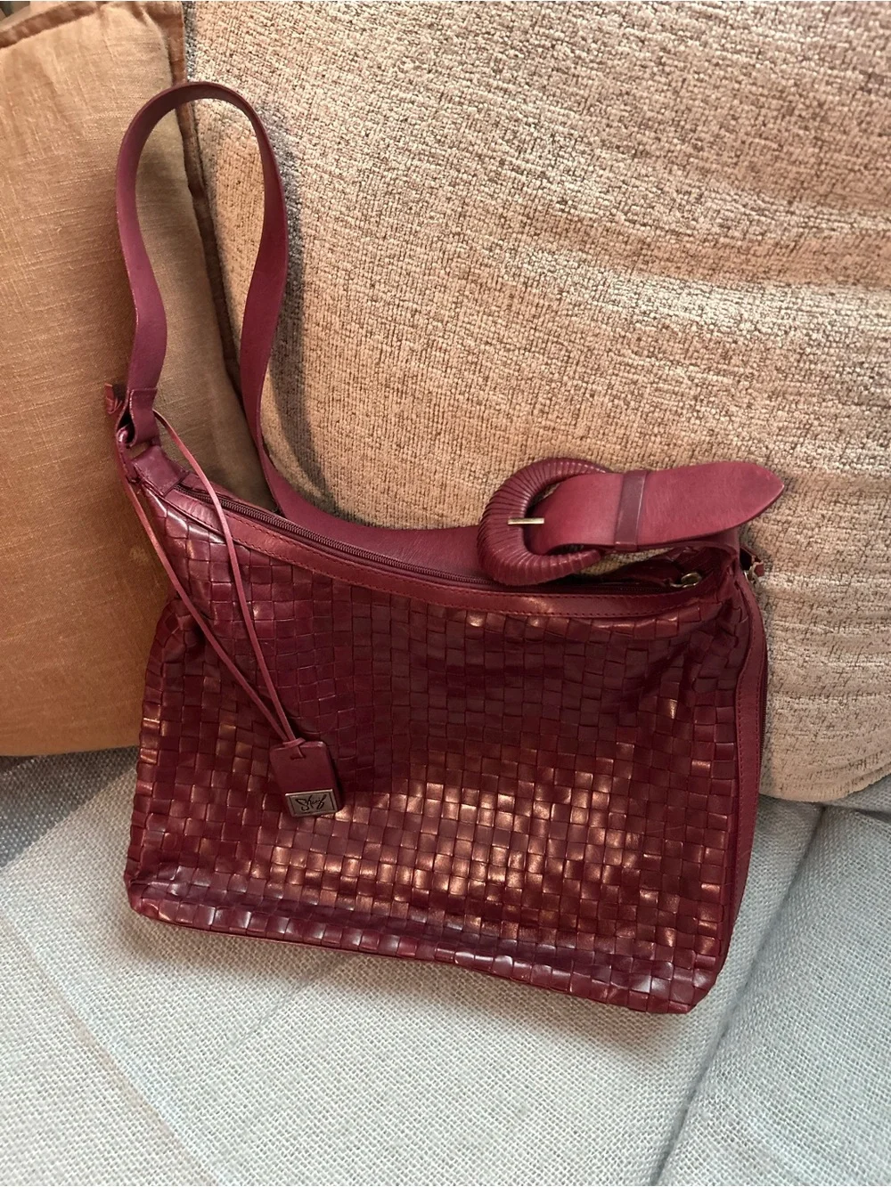 Sharif Studio Woven Leather Hobo Shoulder Bag Burgundy Boho Made in Brazil